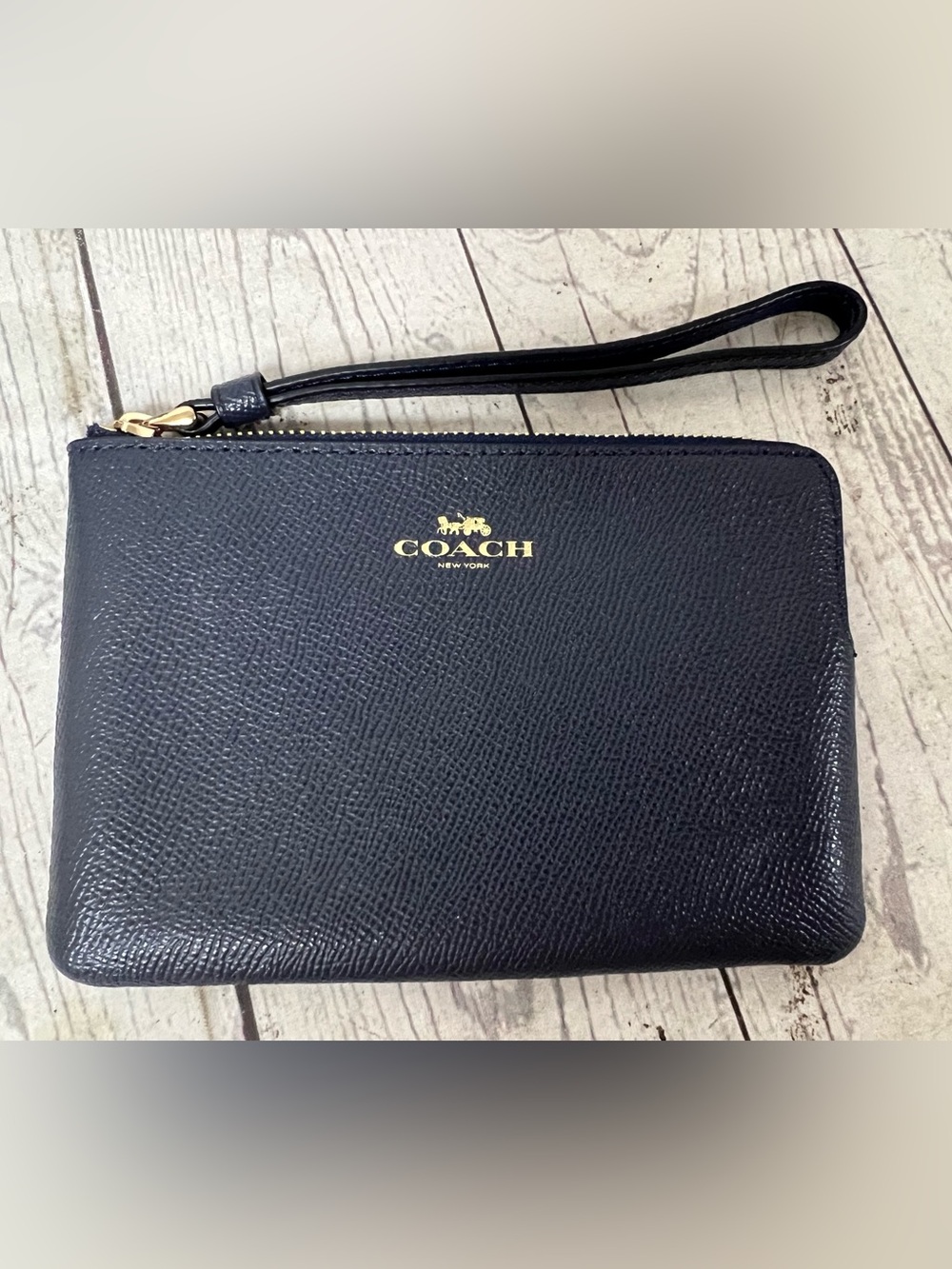 COACH Small Wristlet Wallet Crossgrain Leather Dark Midnight Navy Blue Gold HW